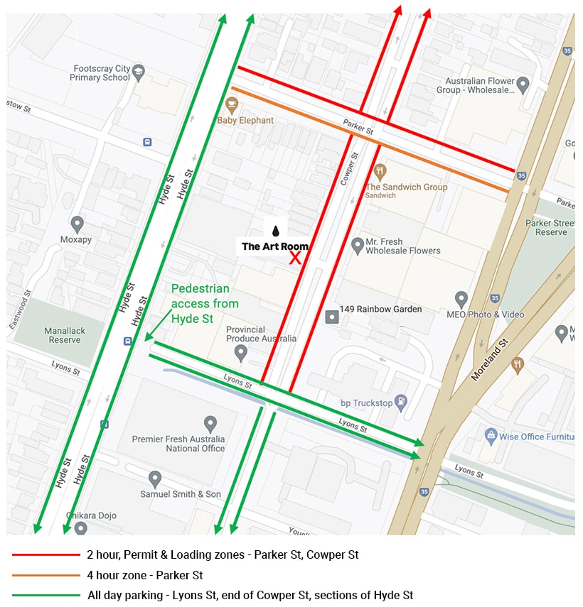 Map showing where to park at The Art Room in Footscray